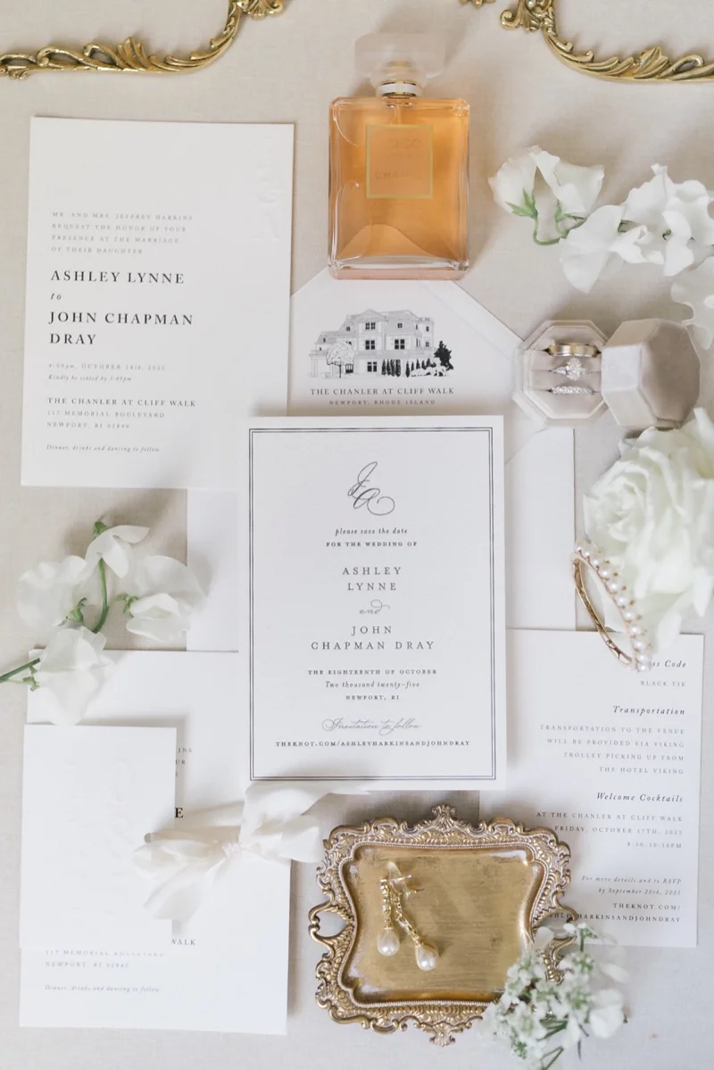 Wedding ring and invitation details at The Chanler Newport