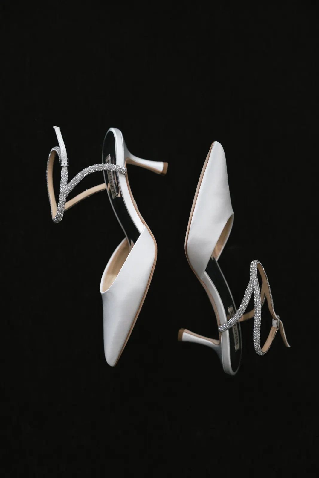 Bride's white rhinestone-strap heels for her Newport, Rhode Island wedding