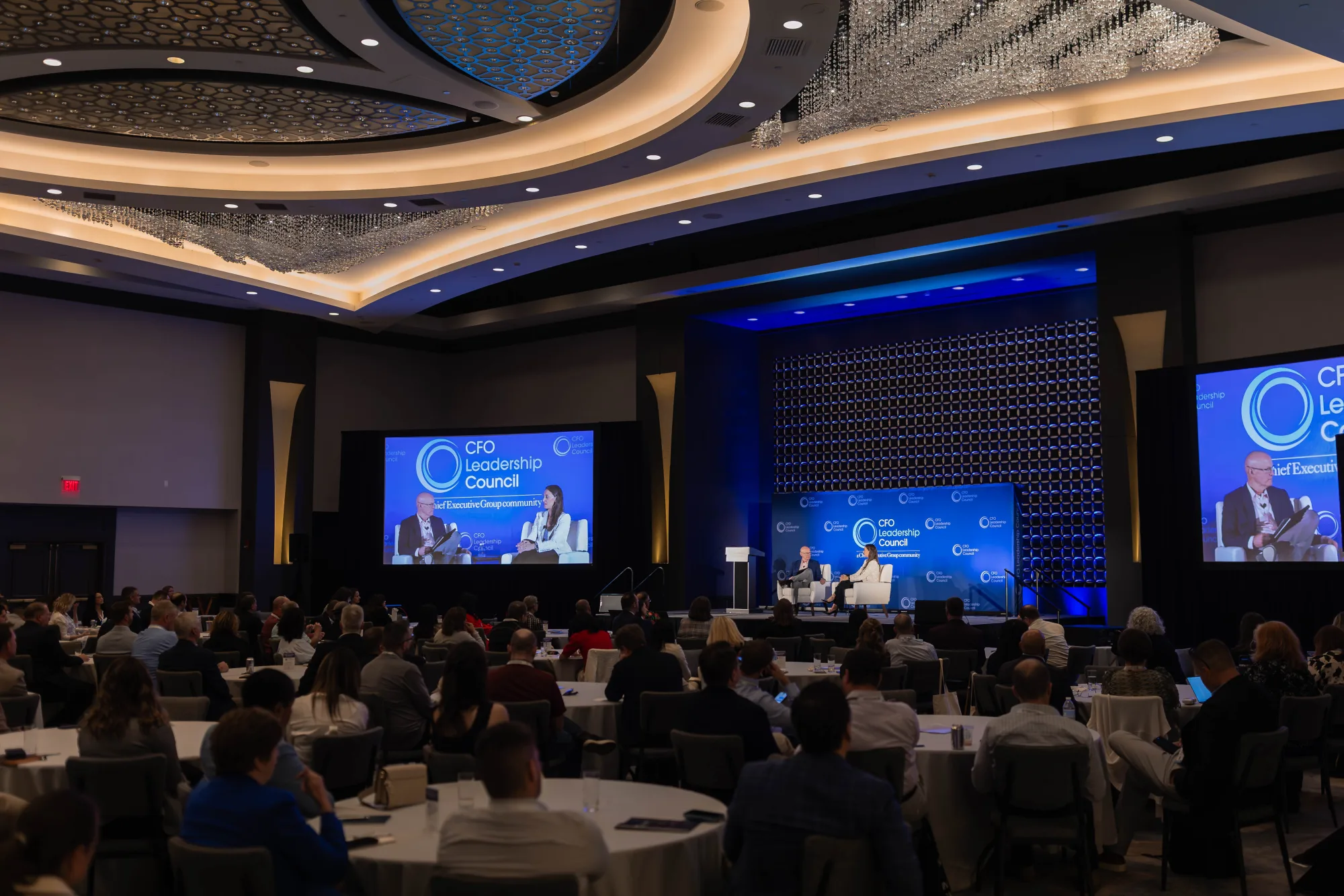 Packed Grand Ballroom and stage at the CFO Leadership Conference Spring 2026, Sheraton Boston