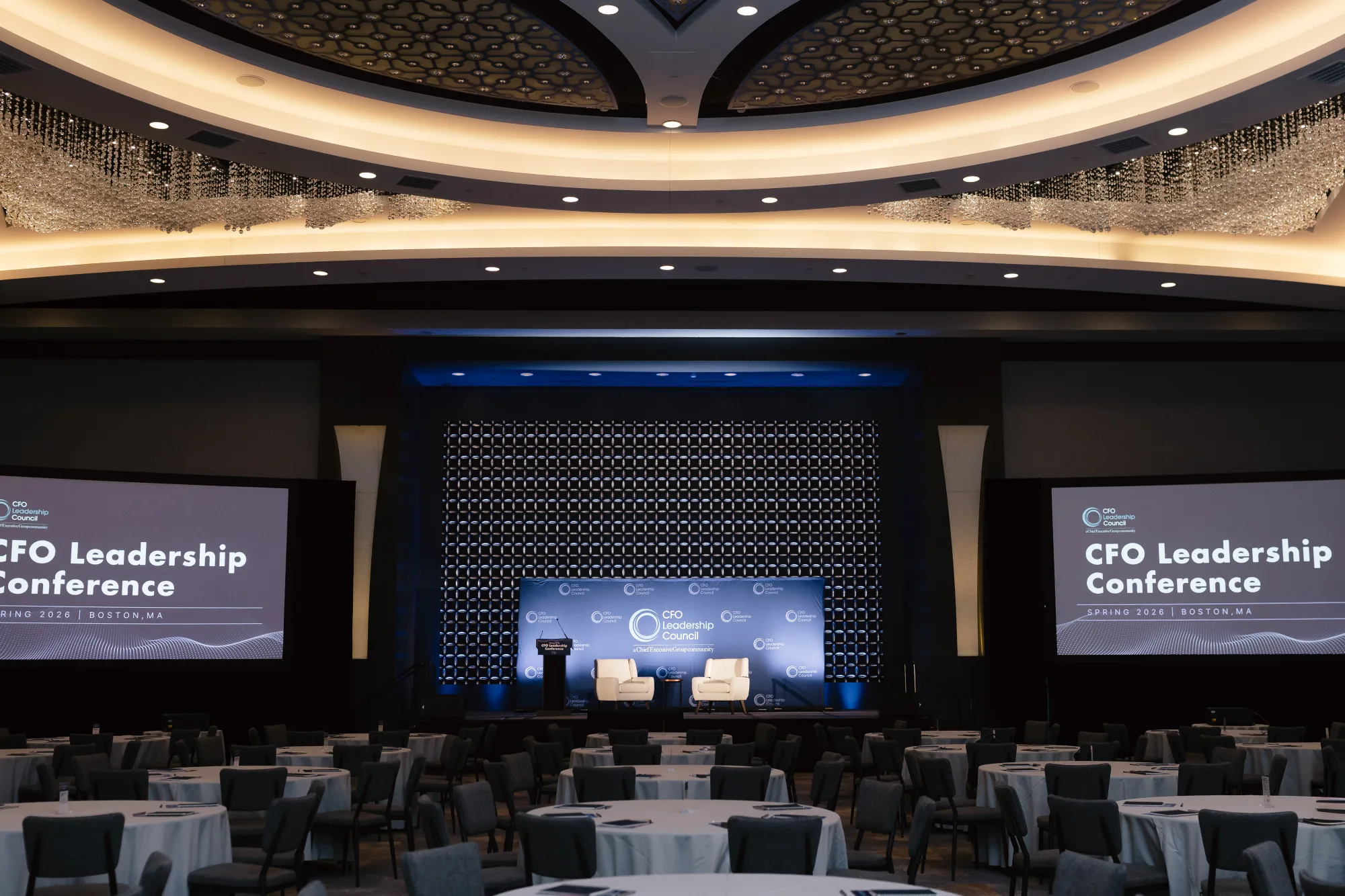 Grand Ballroom main stage set for the CFO Leadership Conference at the Sheraton Boston, Spring 2026
