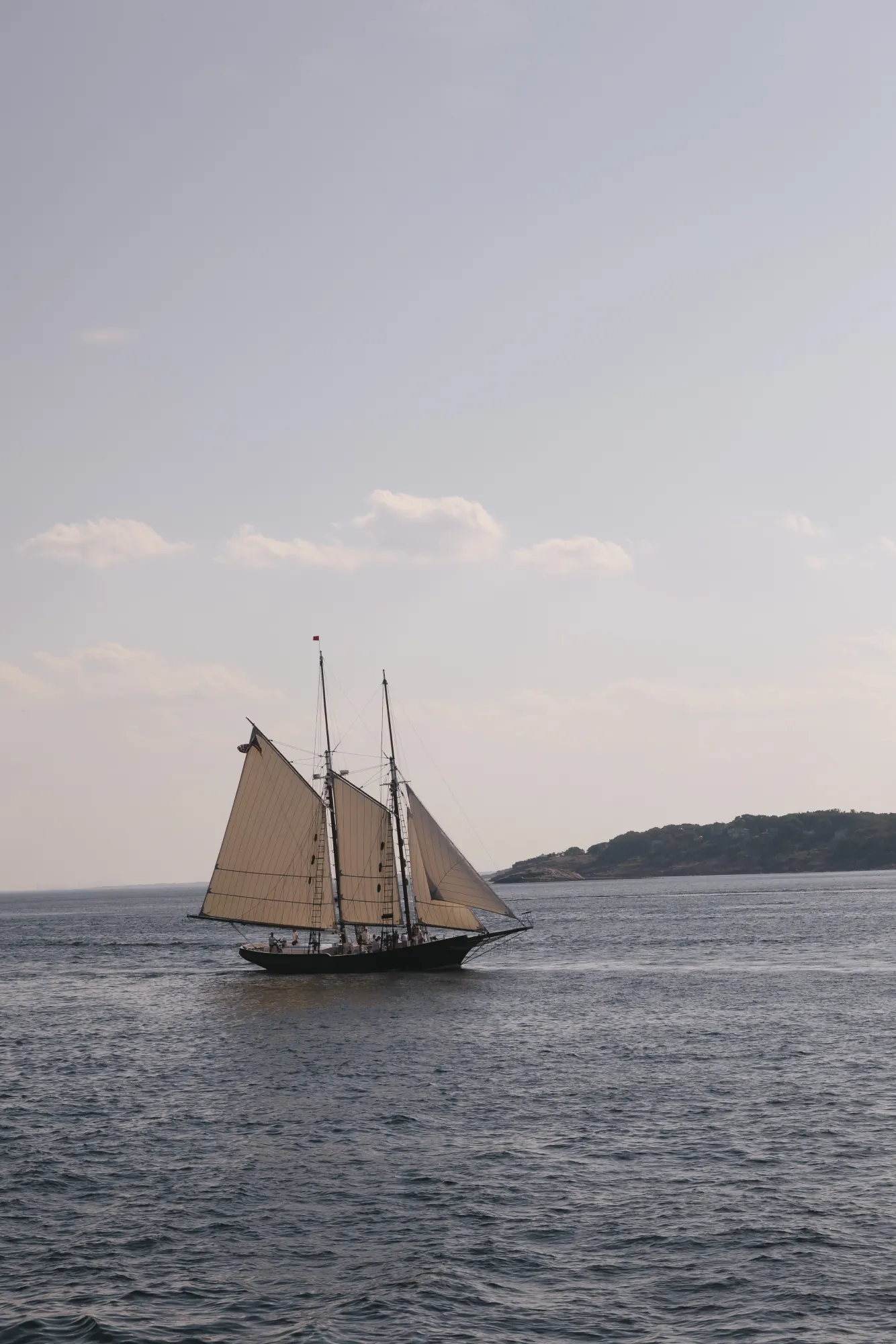 A schooner under sail on Gloucester Harbor during the cocktail cruise