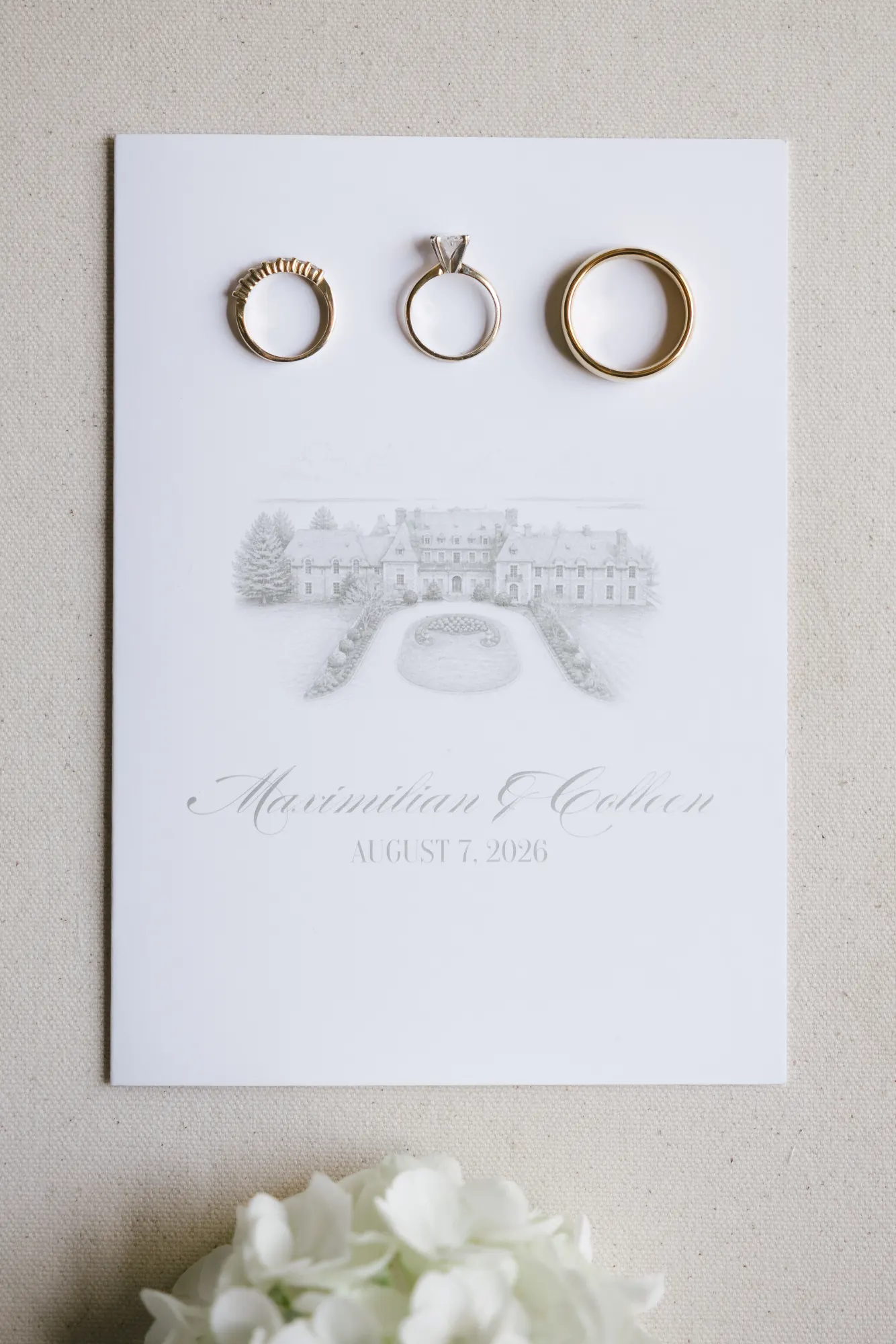Ceremony program with a sketch of Aldrich Mansion and the couple's three rings