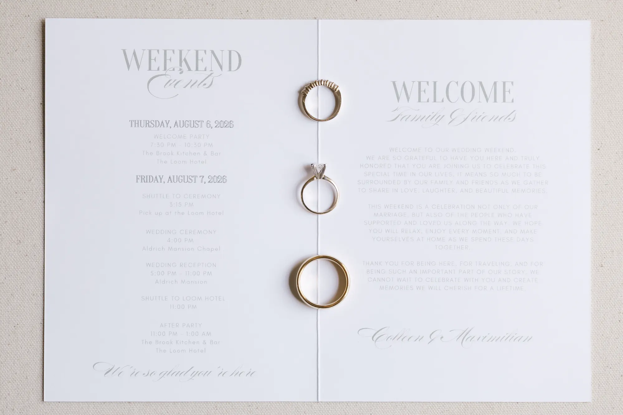 Weekend events card with the wedding bands and engagement ring