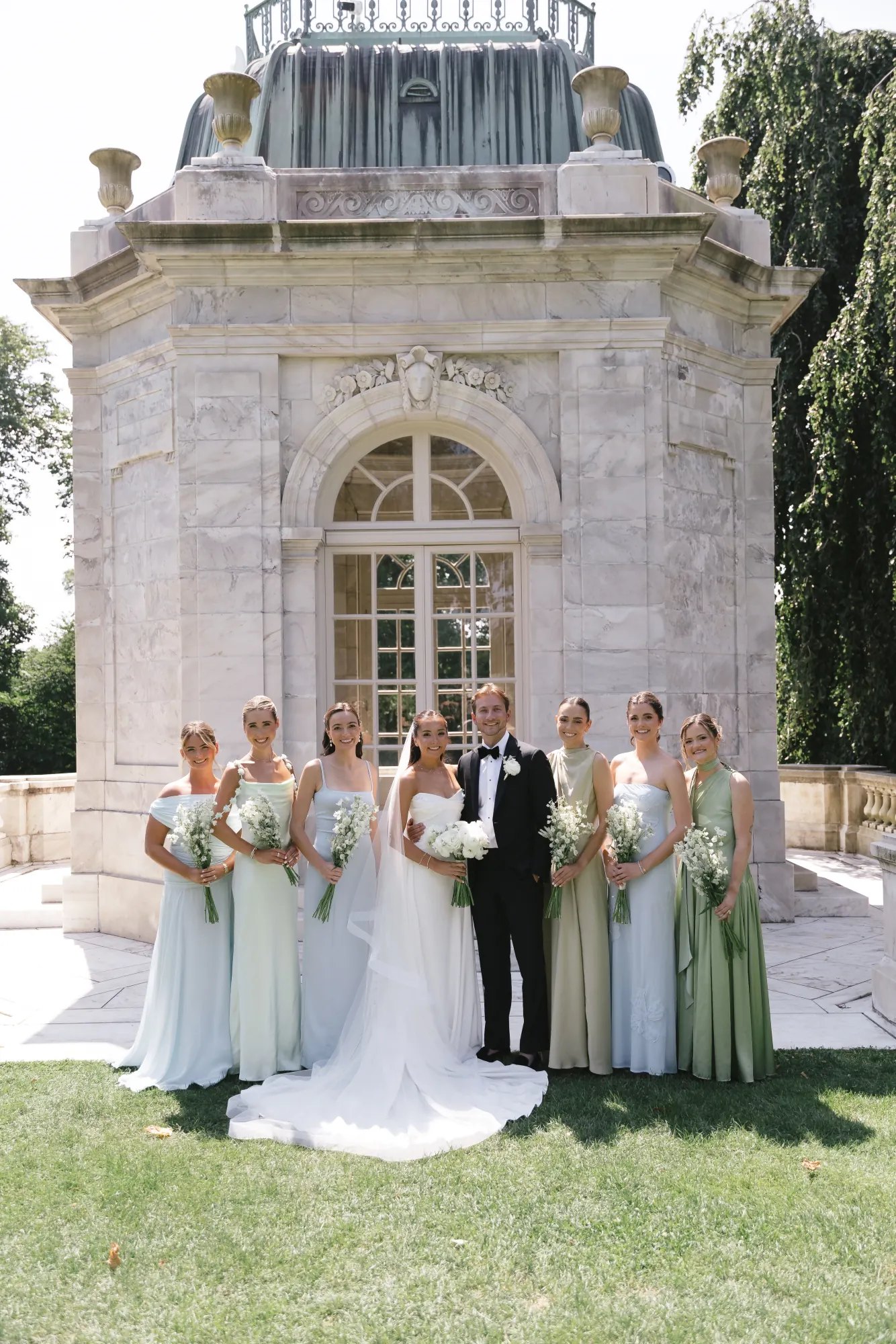 Wedding party portrait before the marble teahouse at The Elms