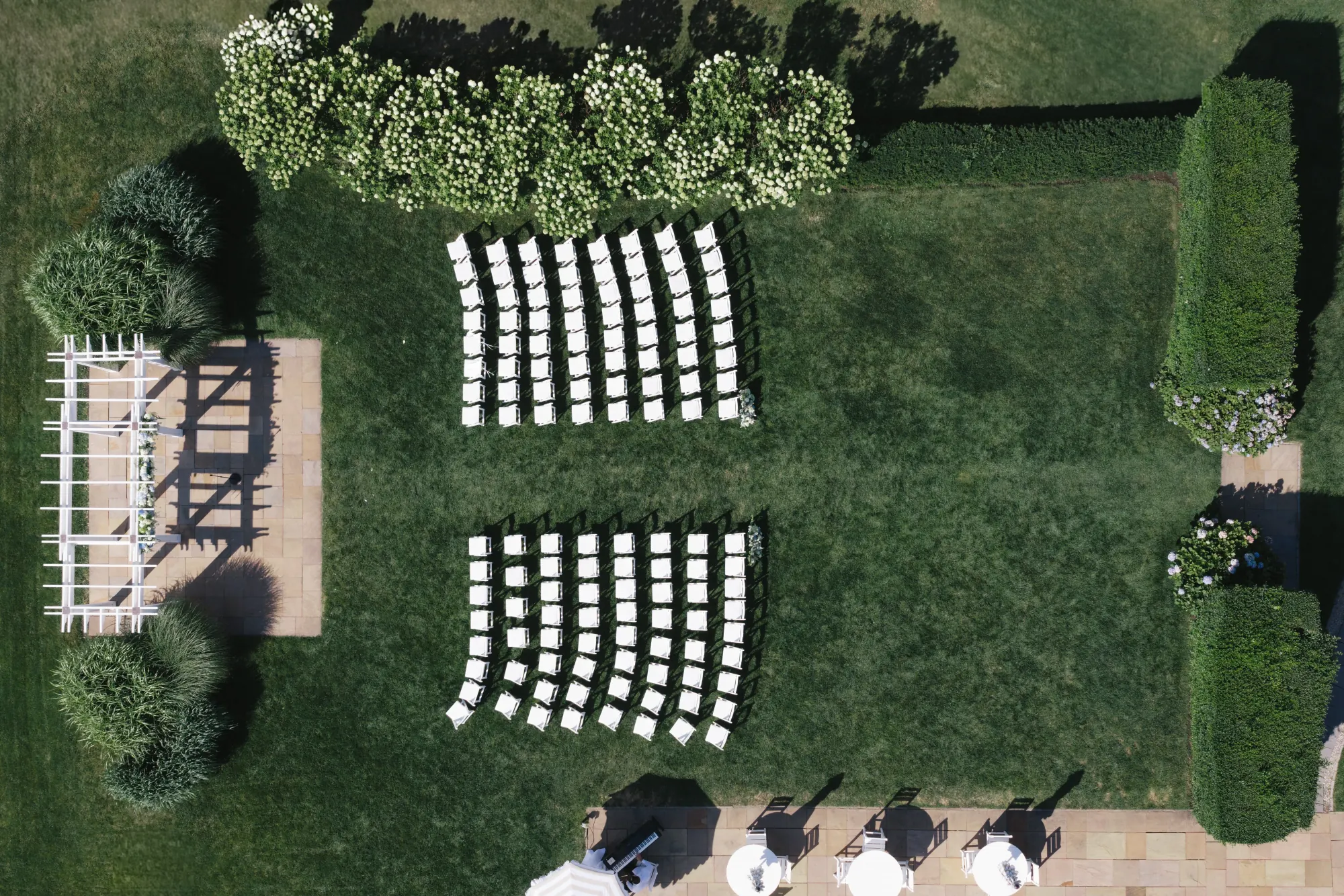 Aerial view of the ceremony setup on the Bridge Lawn at OceanCliff